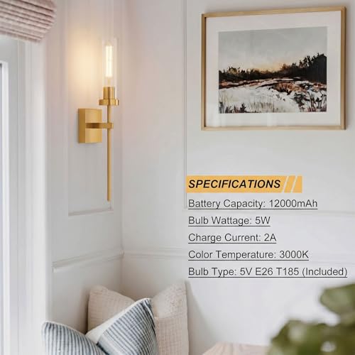 Image of Wireless Wall Sconces with Remote Control, Brushed Gold Battery Operated Wall Sconce Set of 2, Dimmable Rechargeable Wall Decor Lights for Living room Dining room Bathroom Bedroom Hallway Stairwell