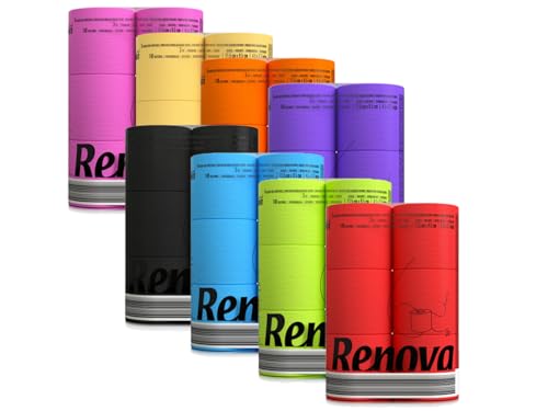 Multipack 48 Rollen, buntes, farbiges Toilettenpapier - 3-lagig - Renova - weich - originell - Klopapier - je 6 Rollen blau grün rot pink orange gelb, lila schwarz Toilettenpapier
