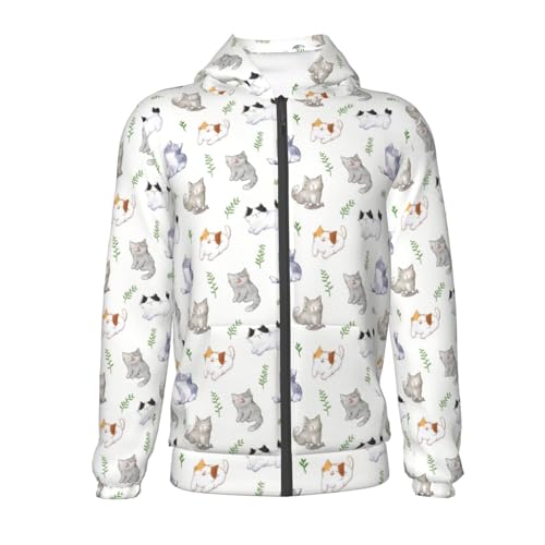 Watercolor Cat and Leaf Kids Pullover Hoodies Boys Zip Up Sweatshirts Girls Athletic Clothes with Pocket2