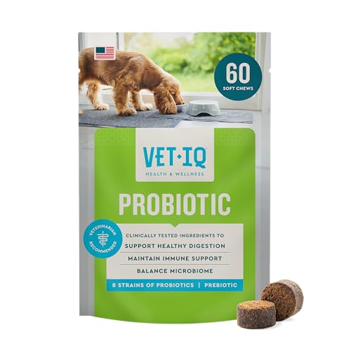 VetIQ Probiotic Supplement for Dogs, Digestive Support for Dogs, Nourishes Gut Bacteria and Supports Bowel Function, Hickory Smoke Flavor, Made in the USA, 60 Count