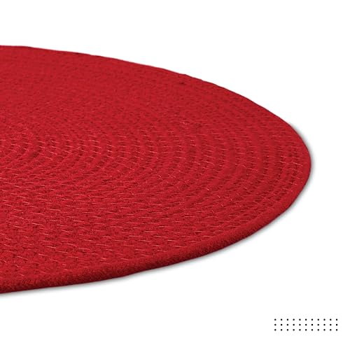 Image of Dining Table Mats Set of 4 | Cotton Table Mat 32 cm Diameter, Encasa XO Washable Round Table Mats, Heat Resistance Dining Table Placemats, Handmade Ribbed Style for Centre Table, Red