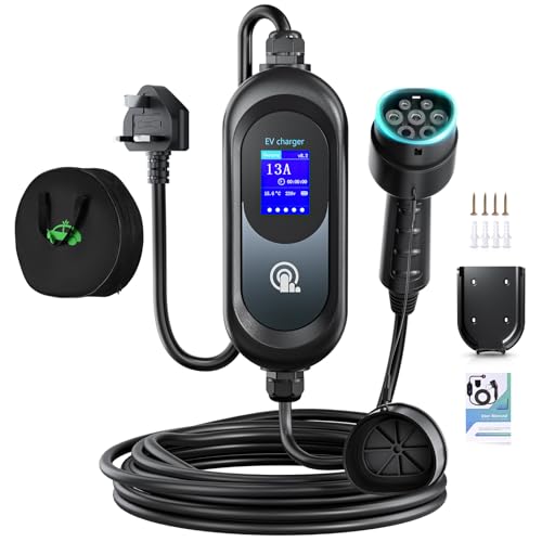 EVJUICION EV Charger Cable Type 2 to 3 Pin Plug 10M, 3.3kW 6-13A 3 Pin EV Charger, Portable Electric Car Charger for up to 12H Delayed Start Charging with 2.4″ LED Screen, IP67 for EVs & PHEV