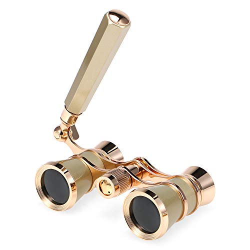 Opera Glasses with Chain/Handle, Metal Body, Theater for Concerts, Stage Drama, Indoor Viewing, 5X Magnification, Elegant Decorative Design for Women, Galileo Prism System, Central Focusing