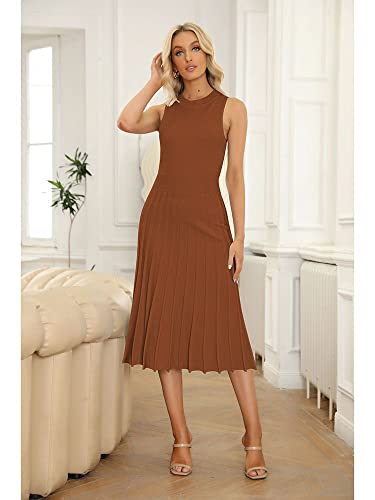 Pink Queen Women's Sexy Bodycon Knit Dress Crew Neck Tank Pleated Swing Party Wedding Maxi Dresses Brown S #TOP3