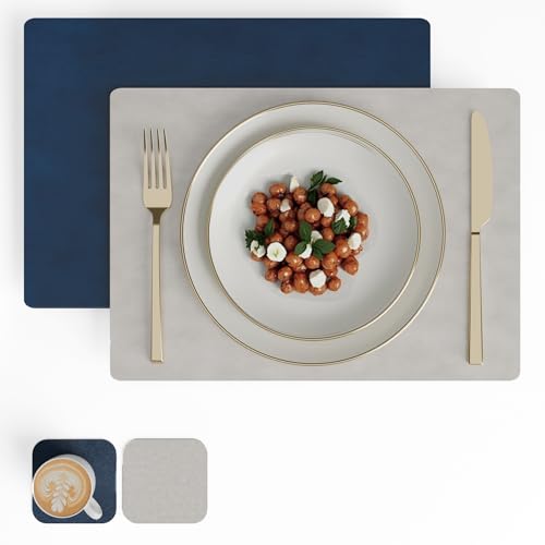 Image of Encasa XO Leather Dining Table Mat Set of 2 + 2 Coasters, 42x30 & 9 cm | Water & Heat Resistant Double-Layer Dining Table Mats | Wipeable & Durable Grey & Blue Placemats for Dining Table