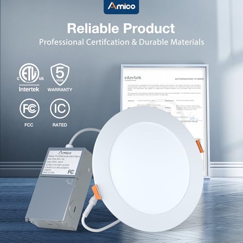Amico 24 Pack 6 Inch 5CCT Ultra-Thin LED Recessed Ceiling Light with Junction Box, 2700K/3000K/3500K/4000K/5000K Selectable, 1050 Lumens, Dimmable Canless Wafer Downlight, 12W Eqv 110W-ETL&FCC - Thumbnail 6