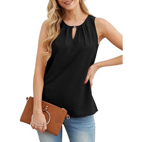 IWOLLENCE Womens Tank Tops V Neck Keyhole Basic Solid Casual Summer Sleeveless Regular Fit Blouse Shirt Black Cover
