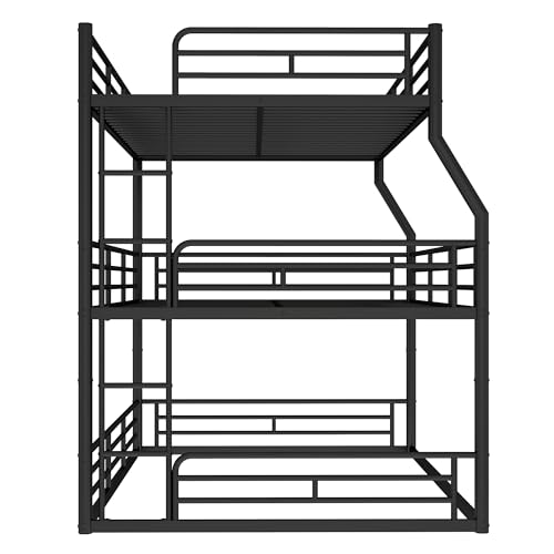 Image of Full Over Queen Over Queen Bunk Bed with Safety Guardrails, Modern Metal Triple Bed Frame for Kids, No Box Spring Required, Black