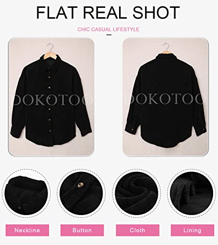 Dokotoo Womens Oversized Long Sleeve Button Up Pocket Shirts Ladies Loose Fit Corduroy Tunic Blouse Tops S Black #TOP4