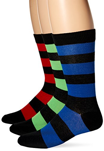 K. Bell Men's Striped Casual Crew Socks (3 Pair), Black, Shoe Size: 6-12 - Main Image