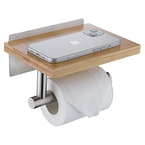 HomeHeng Toilet Roll Holder with Natural Bamboo Shelf, Toilet Paper Holder, Stainless Steel, No Drilling, Self-Adhesive or Wall Mounting, Brushed Nickel H98903BN Cover