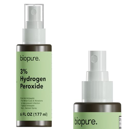 Biopure 6 Fl Oz Hydrogen Peroxide Spray Convenient Non-Aerosol Spray Bottle with 3% Hydrogen Peroxide| Hydrogen Peroxide 3% First Aid Topical Antiseptic for Minor Cuts and Abrasions (6 Fl Oz)