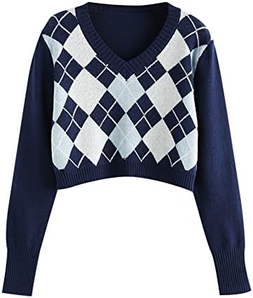ZAFUL Women's Argyle Sweater Long-Sleeve V-Neck Plaid Knitted Crop Sweater Pullover Tops (1-Cobalt Blue, M)