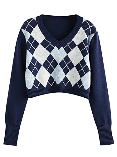 Zaful Women's Argyle Sweater Long-Sleeve V-Neck Plaid Knitted Crop Sweater Pullover Tops (1-Cobalt Blue, M) #TOP9