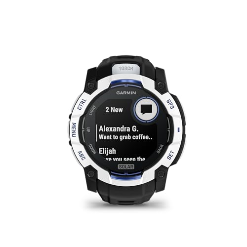 Image of Garmin Instinct 3 - 50 mm, Solar, Rugged Outdoor GPS Smartwatch, Built-in Flashlight, Supernova Collection Limited Edition Color, Whitestone with Black /Bolt Blue Silicone Band