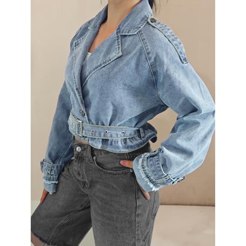 Giraropa Women's Cropped Denim Jackets Retro Lapel Neck Frayed Long Sleeve Tie-up Casual Office Jean Jacket Coats4