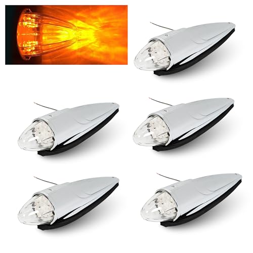 ECOTRIC 5PCS 17 LED Chrome Clear Torpedo Cab Marker Roof Running Top Lights Assembly Super Bright Heavy Duty Trucks Compatible with Volvo International Kenworth Peterbilt Freightliner Mack