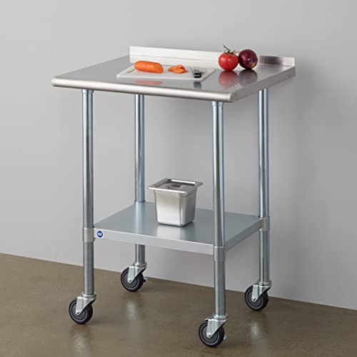 Image of Stainless Steel Table for Prep & Work with Backsplash & Caster 24x30 Inches, NSF Commercial Kitchen Heavy Duty Table with Adjustable Under Shelf for Restaurant, Home and Hotel