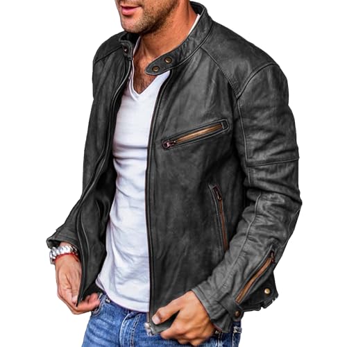 Manteau militaire homme col montant en similicuir noir haut de gamme S