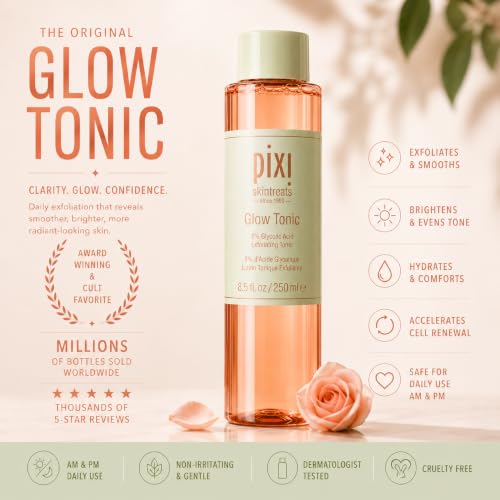 Image of Pixi Glow Tonic Exfoliating Face Toner with 5% Glycolic Acid, Ginseng and Aloe Vera, Alcohol-Free Pore-Refining Toner for Radiant Skin, 8.5 fl oz / 250 ml
