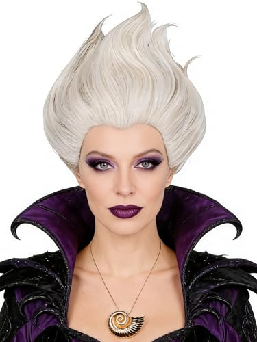 Half and Half Short Curly Gray Blonde Sea-Witch Costume Wig + Necklace + Wig Cap Platinum Blonde Cosplay Wigs Synthetic Hair for Women Halloween Party