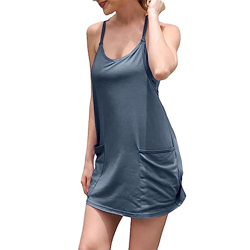 Image of UNIANKIYA Womens Workout Romper Dress with Shorts Underneath Sleeveless Spaghetti Straps Athletic Outfits Casual Vacation