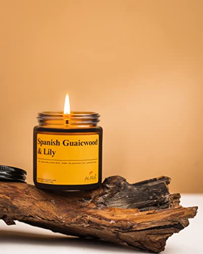 Image of AuraDecor Spanish Guaiacwood & Lily Scented Jar Candle | 100gm Handpoured Soy Wax Candle with Long Burn Time | Premium Amber Jar Aromatherapy Candle | Best Gift for Home & Decor