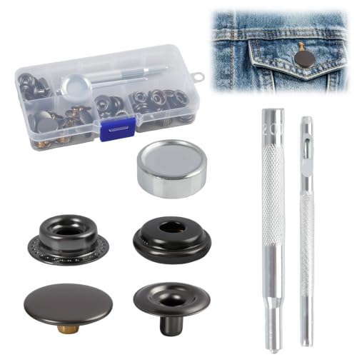 15 Piezas Botones de Presión con Herramienta de Fijación,Kit de Accesorios de Costura de Metal Negro,Para Ropa,Manualidades,DIY y Reparaciones,Snaps para Telas y Proyectos de Artesanía