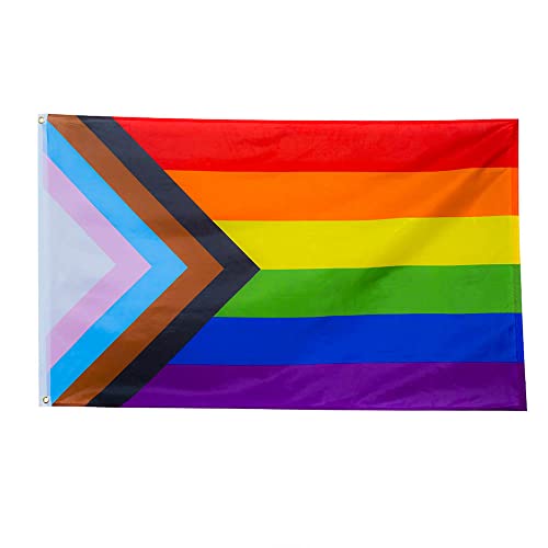 ROTERDON Progress Pride Rainbow Flag 2x3 Ft - Vivid colors and Fade Proof, UV Proof, Gay Transgender Bisexual Lesbian LGBT Outdoor Flag Polyester with Brass Grommets