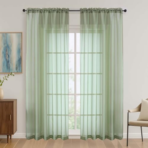 Image of OVZME Sage Green Sheer Curtains 84 Inches Long 2 Panels Set, Light Filtering Sheer Curtains for Living Room Bedroom 59 Inch Extra Wide, Modern Voile Filmy Rod Pocket Window Drapes, 59Wx84L Inches