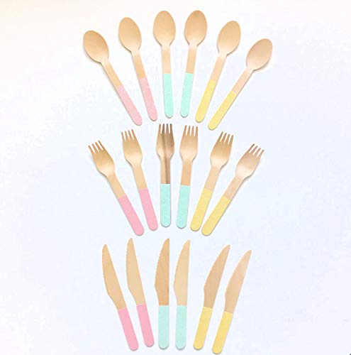 InviteMe Betoverend 18-delig pastelglitter houten bestek met lepels, vorken en messen met pastelgeel, roze en blauwe… - Image 5