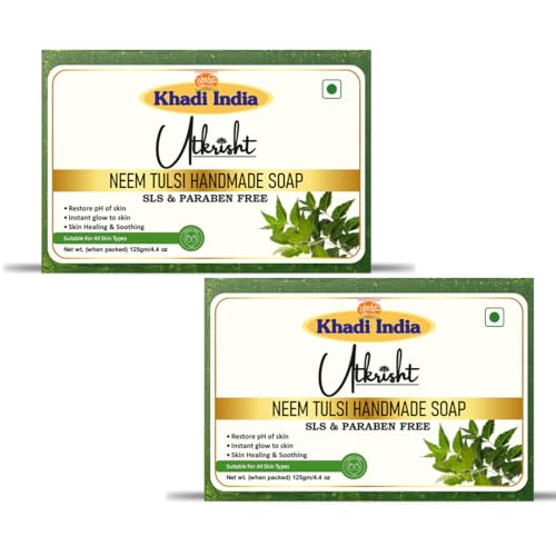 Image of Utkrisht Khadi Neem Tulsi Handmade Bathing Soap Bar 125g (Pack of 2) | Natural Deodorizer & Herbal Soap | Removing Dirt & Impurities | Deep Cleansing for Glowing & Brightening Skin | All Skin Types