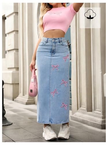 WDIRARA Women's Bow Embroidery Bodycon Denim Skirt High Waisted Split Back Long Jean Skirts3