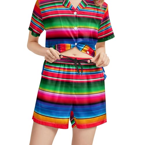 Image of Funny Pajamas for Women Set Print Satin Loungewear Pjs Short Sleeve Button Down Top and Shorts Sets Sleepwear XS-3XL
