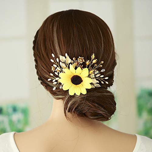 Aukmla Sunflower Hair Piece Flowers and Leaves Headpieces Fall Wedding Hair Comb Boho Hair Accessories Girasoles Para Cabello Sunflower Hairpiece for Women and Girls