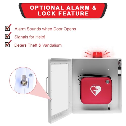 Image of AED Defibrillator Wall Mount Cabinet | Optional Alarm & Lock | Durable Steel Frame | Fits Most Brands of AED's for Public Spaces or Home (White)(AED NOT Included)