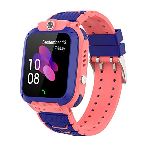 PTHTECHUS kids Smartwatch bambini per Impermeabile, GPS Localizzatore di tracciamento con Chat Vocale, Sveglia SOS per il Gioco di Matematica Studente Bambini Smart Watch, Regalo ragazza rosa