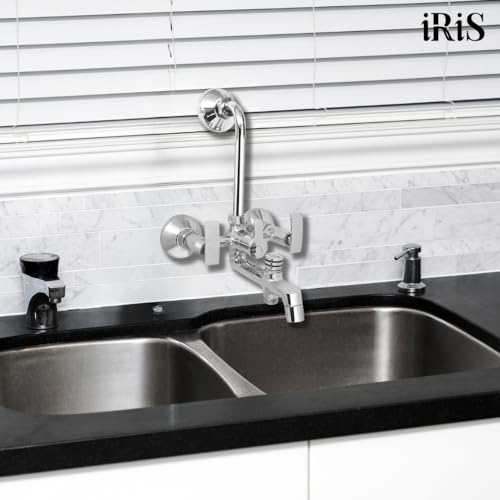 Image of iRiS 3-in-1 Wall Mixer Tap | Brass Bathroom Faucet with Overhead Shower Provision & 125mm Long Bend Pipe | Chrome Finish Bath Fitting | Wall-Mounted Hot & Cold Water Mixer