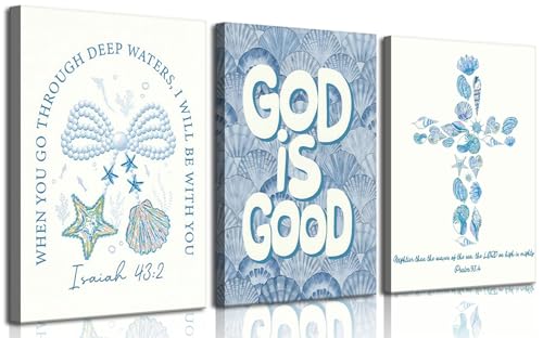 3Pcs Coastal Christian Canvas Wall Art Coastal Granddaughter Blue Seashell Bible Verse Pictures Wall Decor Preppy Christian Scripture Aesthetic Posters Prints for Girly Bedroom Dorm 12x16in