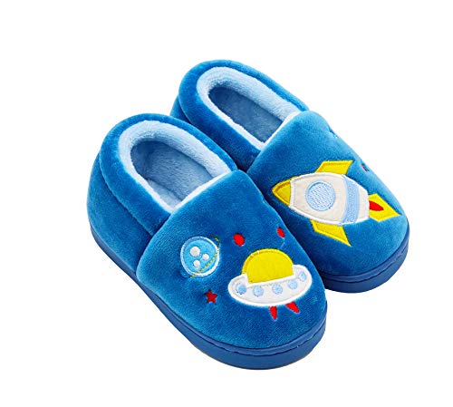 Zernar Toddler Boys Girls House Slippers,Kids Warm Cute Home Winter Anti-Slip Fur Lined Winter Indoor Shoes,Blue/16-17