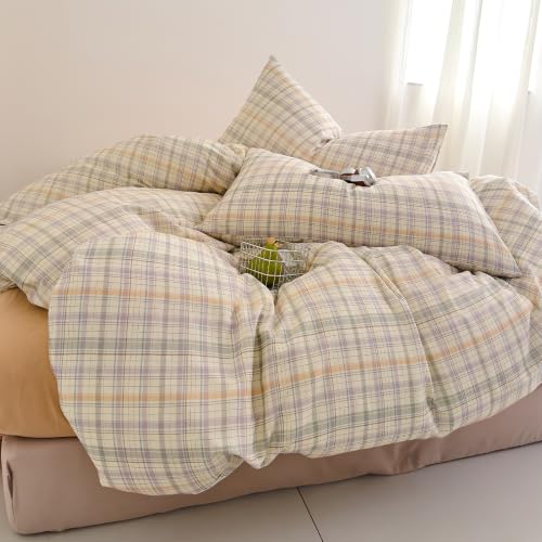 Image of EAVD Grid Plaid Duvet Cover Queen Green Blue Purple Gingham Duvet Cover Set | Soft Muslin Cotton 3-Piece Reversible Gingham Duvet Cover with Zipper Closure Geometric Pattern with 2 Pillowcases All-Season