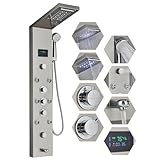 Votamuta Contemporary Shower Panel Wall Mounted Shower Tower Rainfall Waterfall Showerhead Full Body Shower System with Adjust-angle Shower Jets Bathroom Shower Panels Stainless Steel, Brushed Nickel