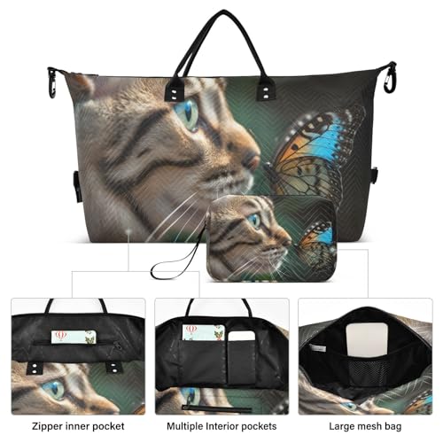 Large Travel Duffel Bag, Butterfly and Kitten Sports Tote Gym Bag, Shoulder Weekender Overnight Bag for Women Men, Carry On Luggage with Toiletry Bags2