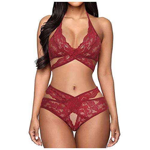 Lingerie for Women for Sex Naughty,Sexy 2 Piece Outfits Bra and Panty Set Lace Strappy Babydoll Bodysuit Red