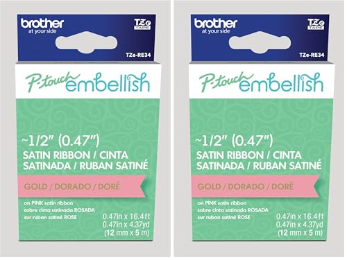 Image of Brother P-Touch Embellish Gold Print on Pink Satin Ribbon TZERE34 ~ inch Wide x ~13.1' Long for use with P-Touch Embellish Ribbon & Tape Printer (Pack of 2)