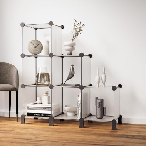Image of BOXJOY 6 Shelf Plastic Book Shelf Organiser with White Translucent Panels and Bottom Stand Bookshelf Organizer Cabinet Rack for Bedroom Living Room Study Storage Showcase Display for Home