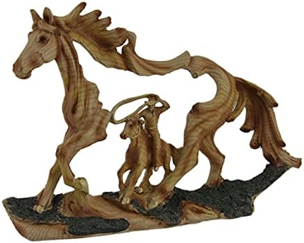 Zeckos Reigning in Roping Cowboy and Horse Decorative Wood Look Statue