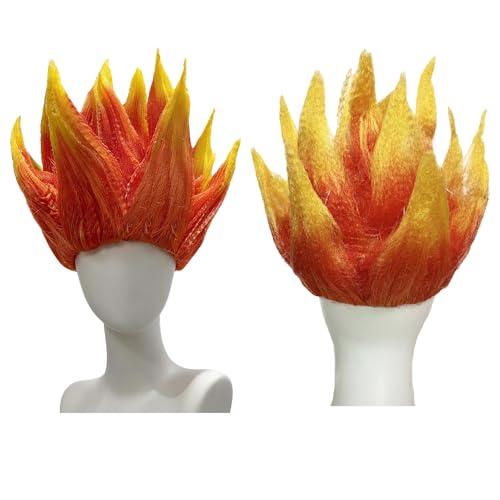 CICIBOLAYEZ Fire Cosplay Wig Halloween Orange Short Stylish Flame Cosplay Costume Flame Fire Wigs Ombre Red Synthetic Hair Spiked Wigs for Costume Party Cosplay with Wig Cap