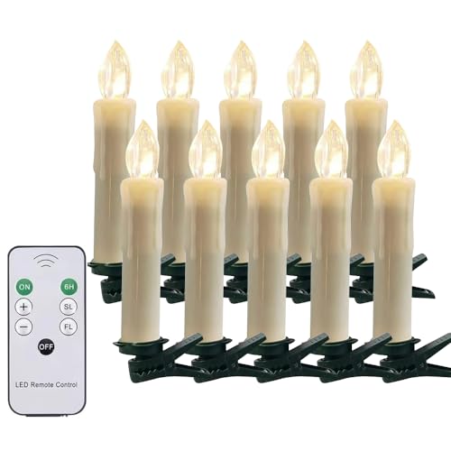 10PCS LED Flameless Taper Candles Flickering with Remote Timer, Battery Operated Waterproof Christmas Tree Candles, Warm White Window Candles Lights with Clips, Perfect for Christmas, Home Decoration