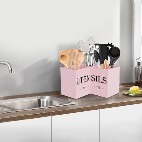 Image of Suli Extra Large Cute Kitchen Utensil Holder with 3 Compartments,Corner Utensil Caddy for Countertop,Wooden Utensil Organizer for Kitchen Countertop, Farmhouse Decor- Pink